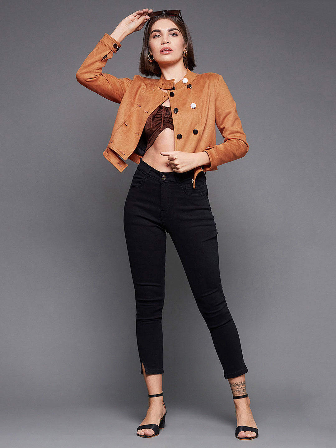 Women's Burnt Orange Mandarin Collar Full-Sleeve Solid Double Breasted Cropped Polyester Jacket