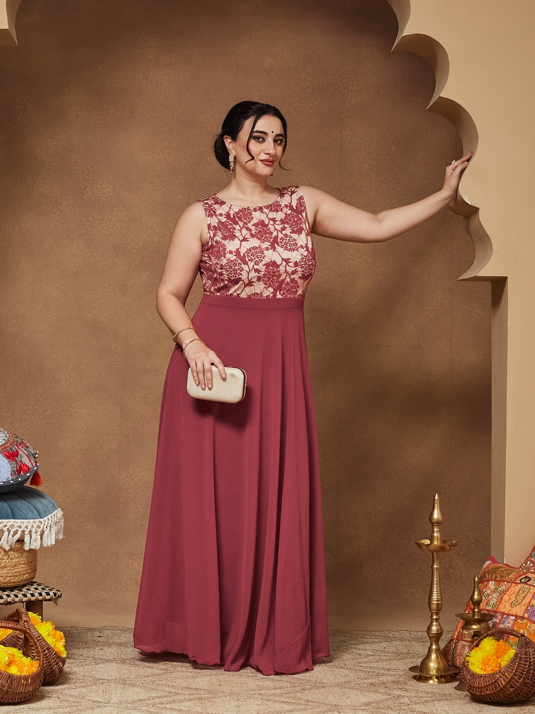 Brick Red & Dusty Green Boat Neck Sleeveless Self Design Lace Overlaid Regular Dress for Women