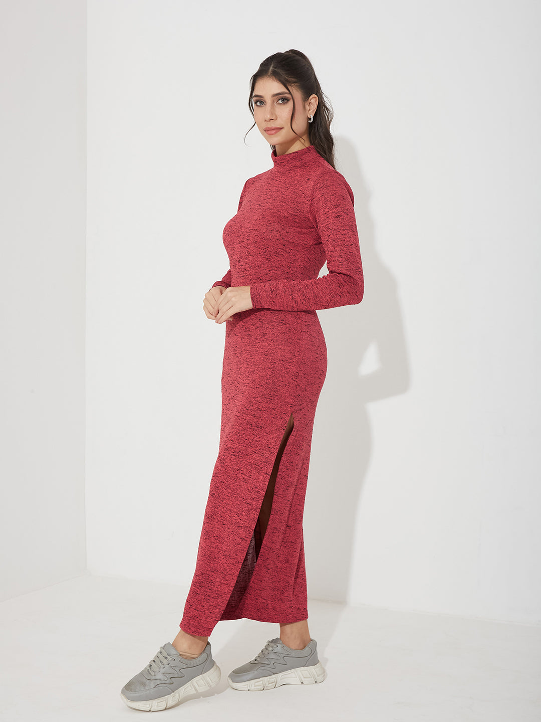 Maroon Mock Neck Full Sleeve Solid Bodycon Maxi Cotton Dress for Women