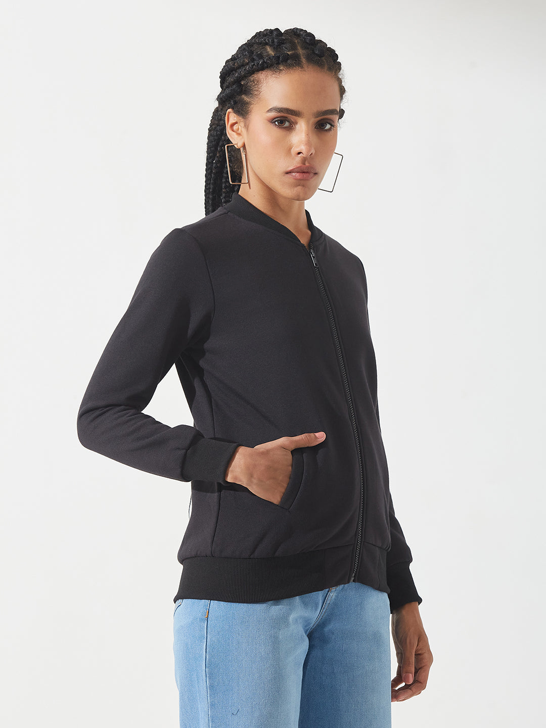 Black Collared Full-Sleeves Solid Bomber Ribbed Jacket for Women