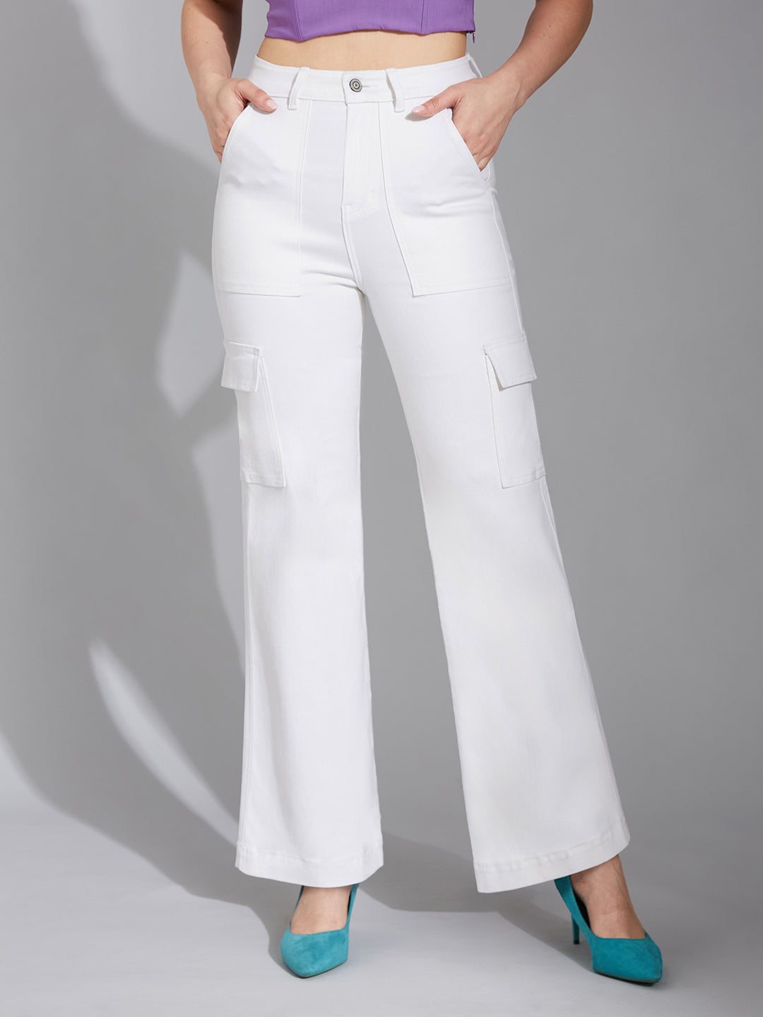 Women's White Wide-Leg High-Rise Clean-Look Stretchable Denim Jeans