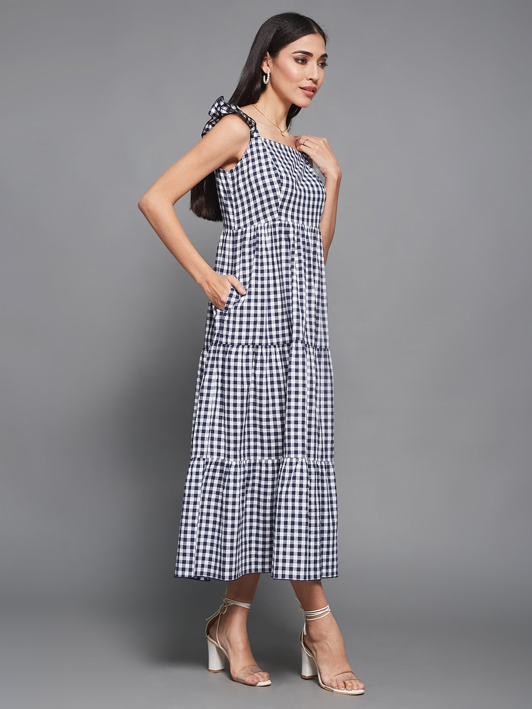 Navy & White Cotton Checkered Midi Tiered Dress