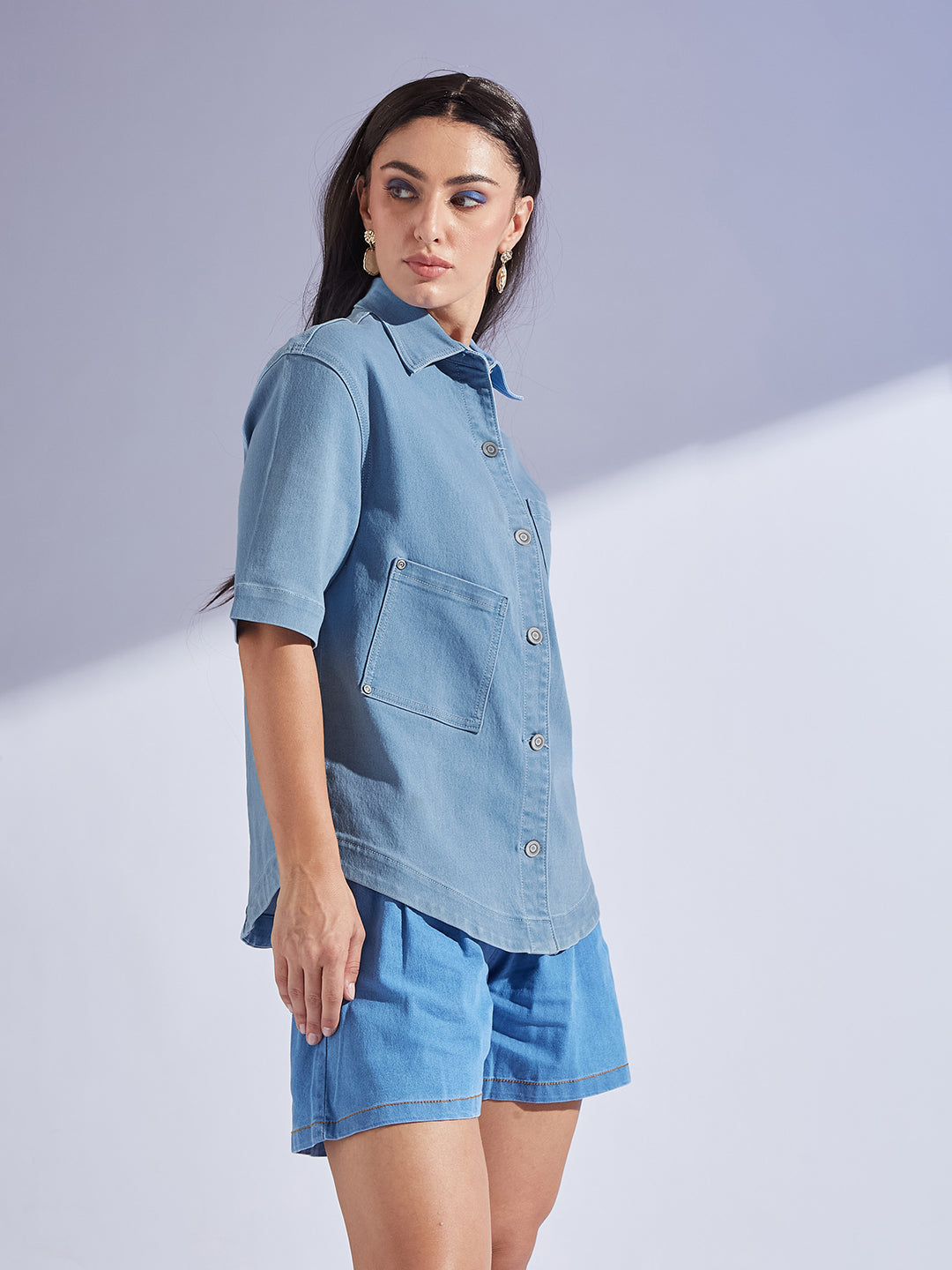 Light Blue Shirt Collar Half Sleeve Asymmetrical Panelled Regular-Length Denim Shirt For Women