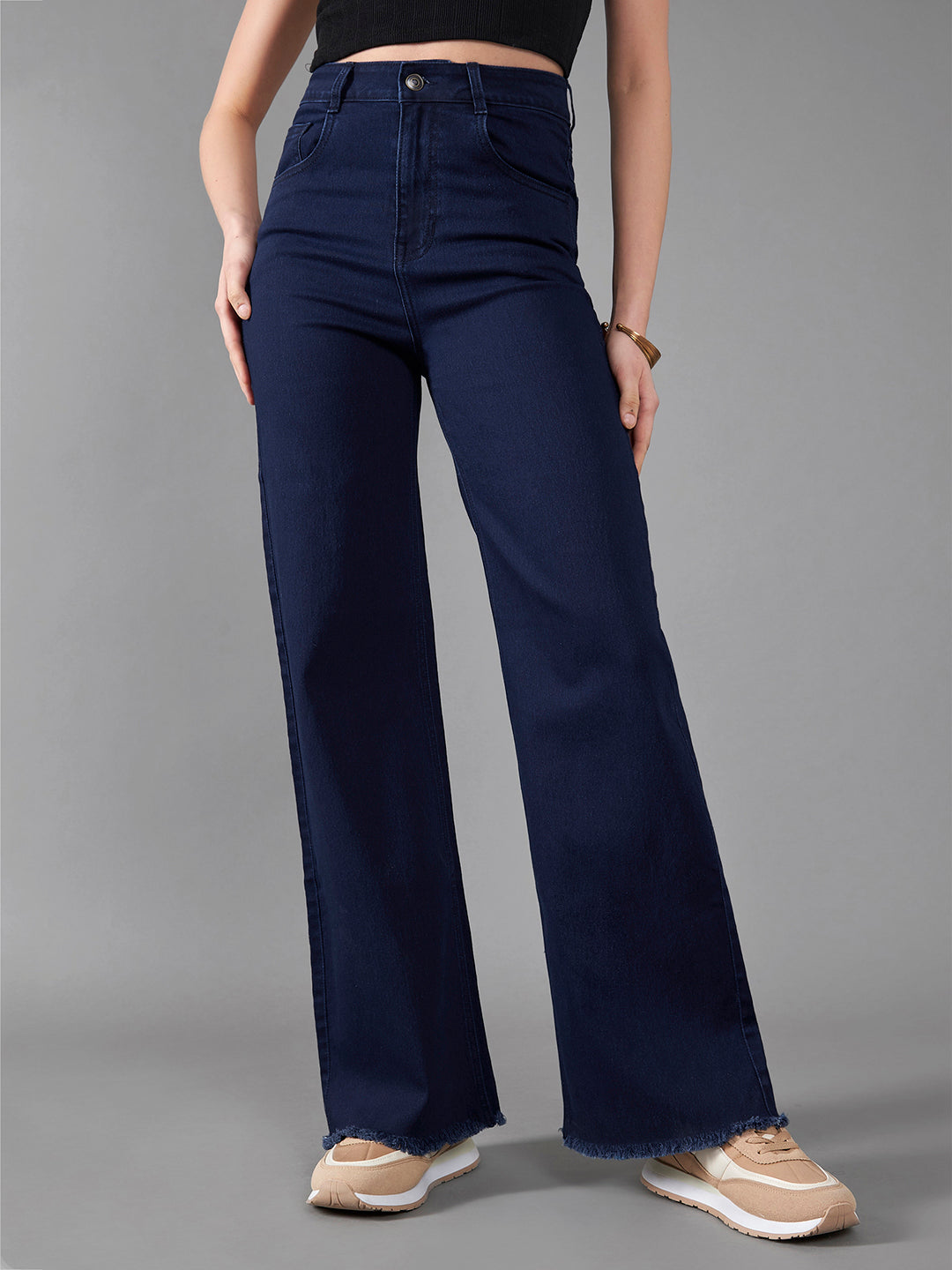 24/7 Comfort Navy-Blue Wide-Leg High-Rise Stretchable Denim Jeans