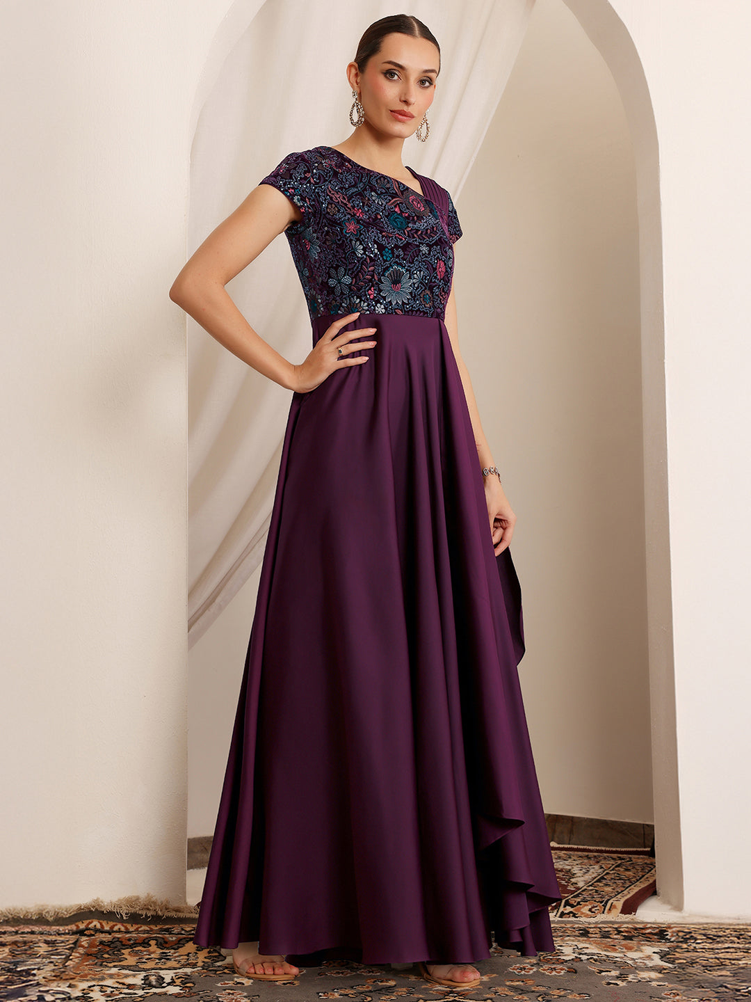Women's Purple Asymmetric Short Sleeve Embroidered Draped Satin Maxi Dress