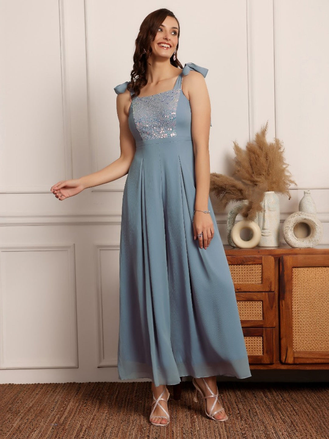 Women's Dusty Blue Square-Neck Sleeveless Embellished Pleated Chiffon Jumpsuit