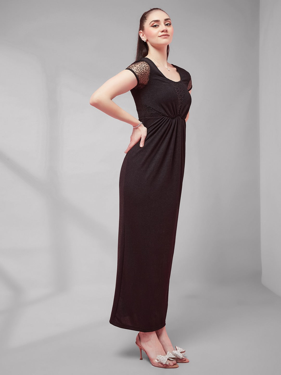 Black Sweet-Heart Neck Short Sleeve Embellished Gathered Polyester Maxi Dress for Women