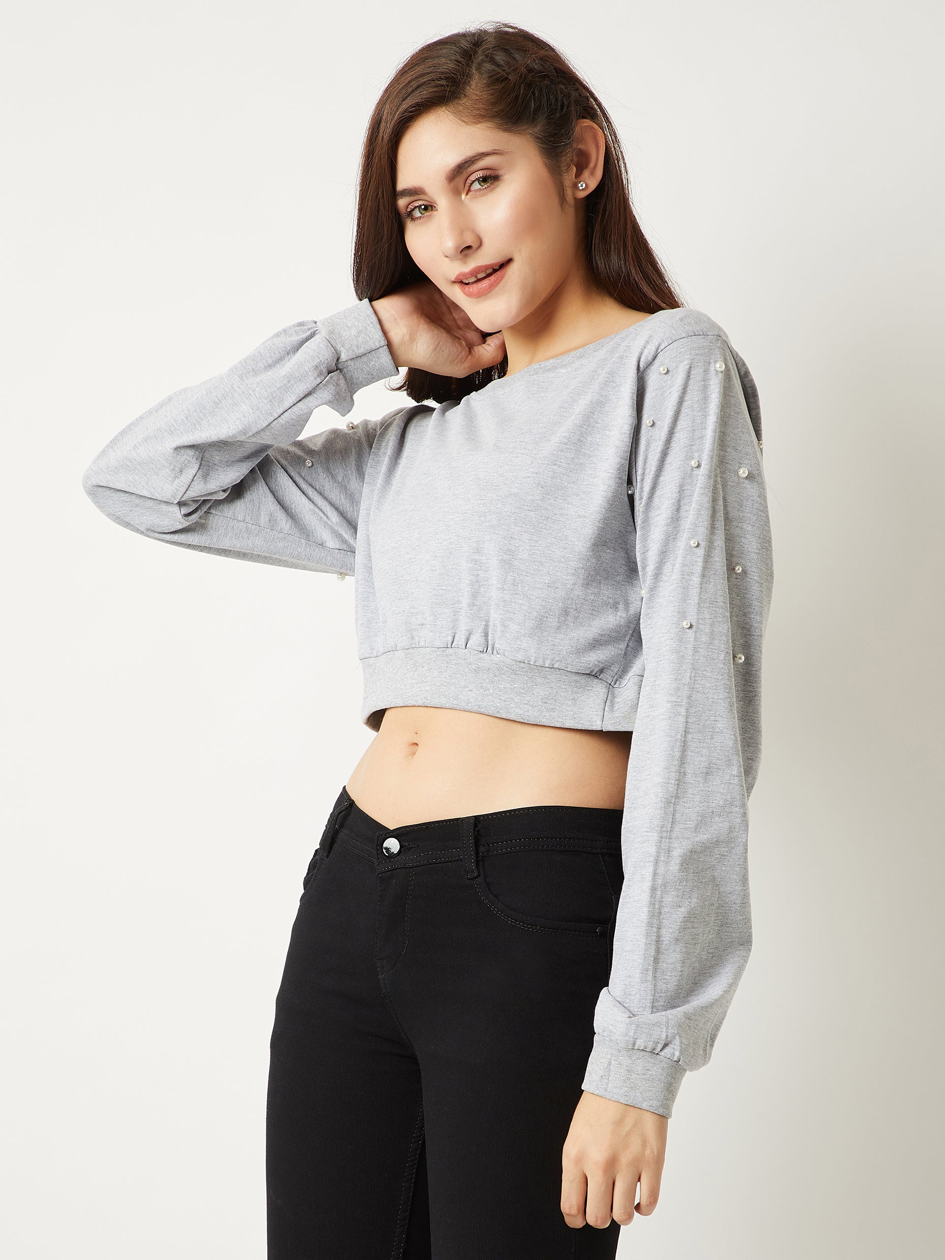 Women's Grey Round Neck Full Sleeve Cotton Solid Pearl Detailing Boxy Crop Top