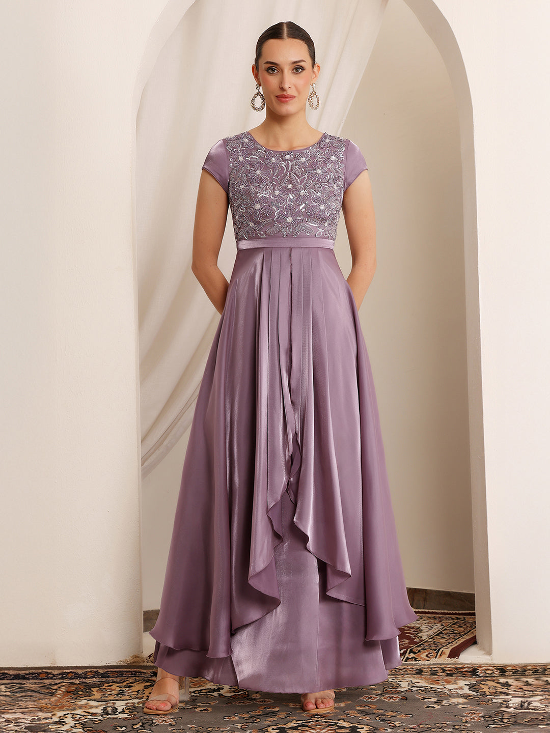 Women's Dusty Purple Round Neck Short Sleeve Embroidered Layered Satin Maxi Dress