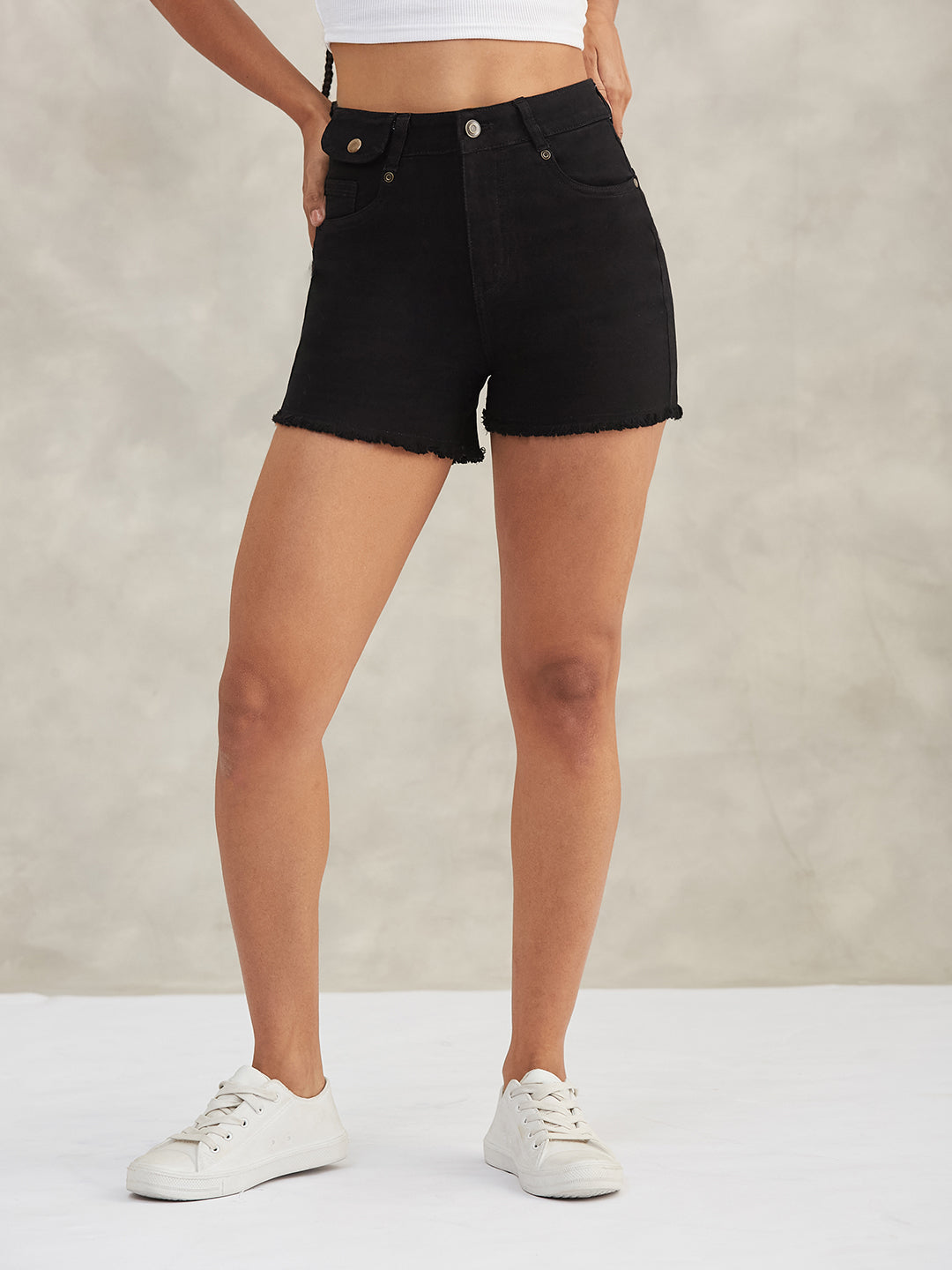 Women's Black Relaxed-Fit High-Rise Stretchable Denim Shorts