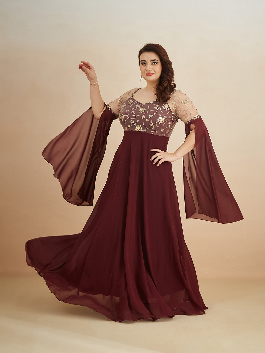 Wine V-Neck Flared Long sleeve Embroidered Fit & Flare Maxi Dress for Women