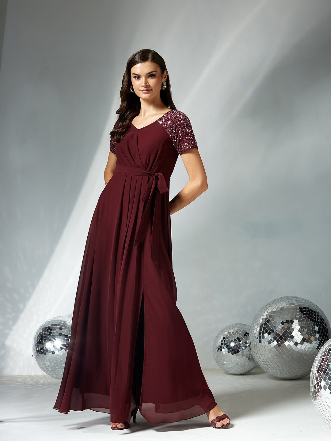 Wine Relaxed Fit Maxi Georgette Dress for Women — Miss Chase