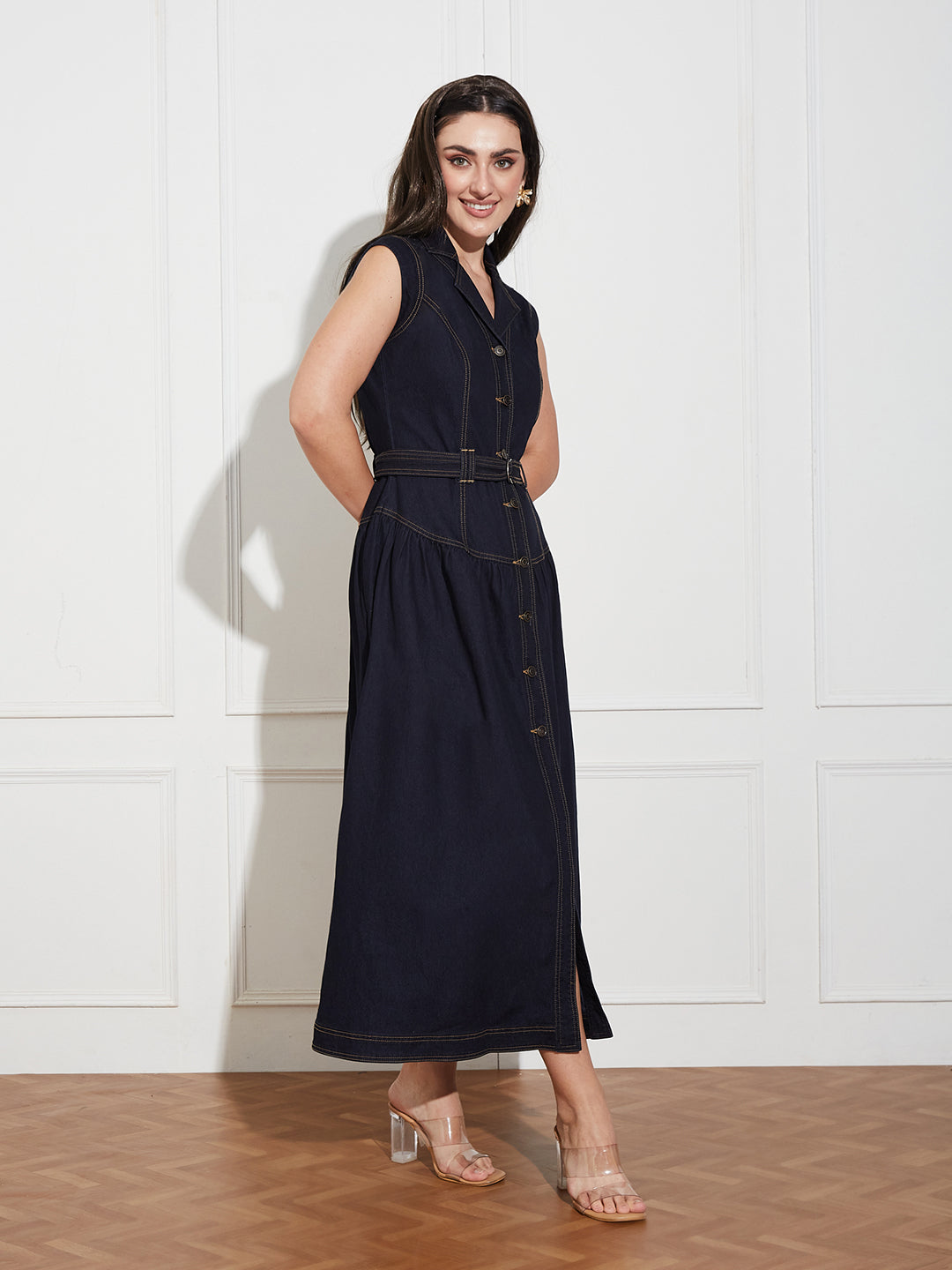 Women's Dark Blue Notched-Collar Sleeveless Solid Drop Waist Maxi-Length Light Weight Denim Shirt Dress