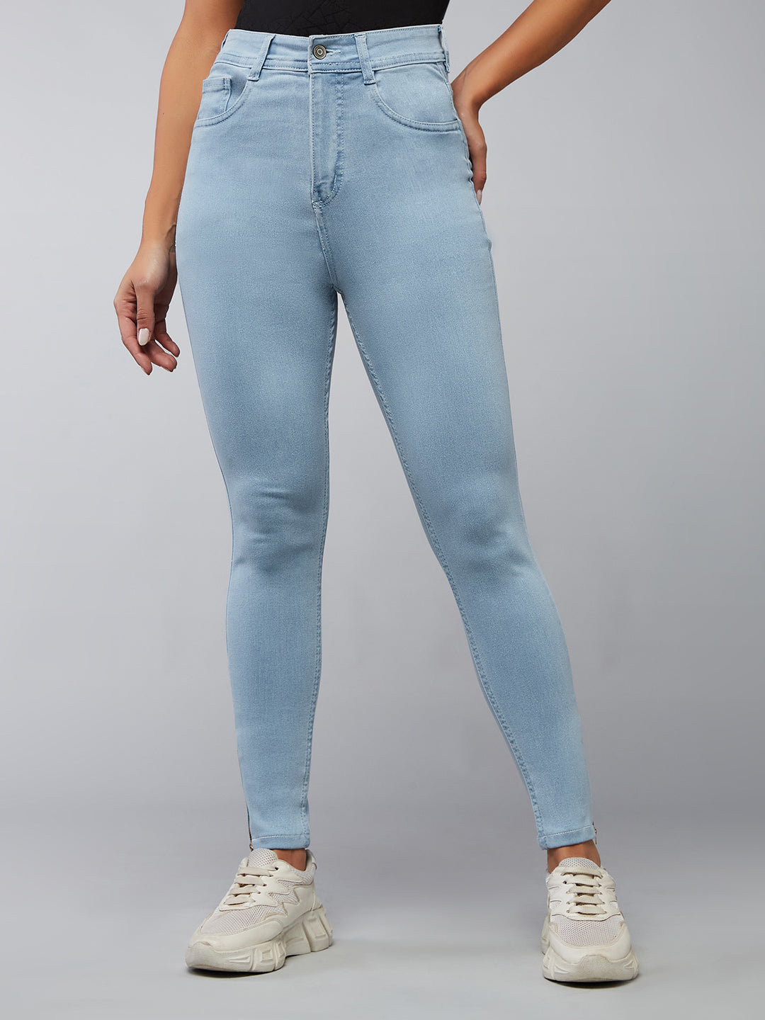 Women's Light Blue Skinny High-Rise Distressed Cropped Denim Jeans