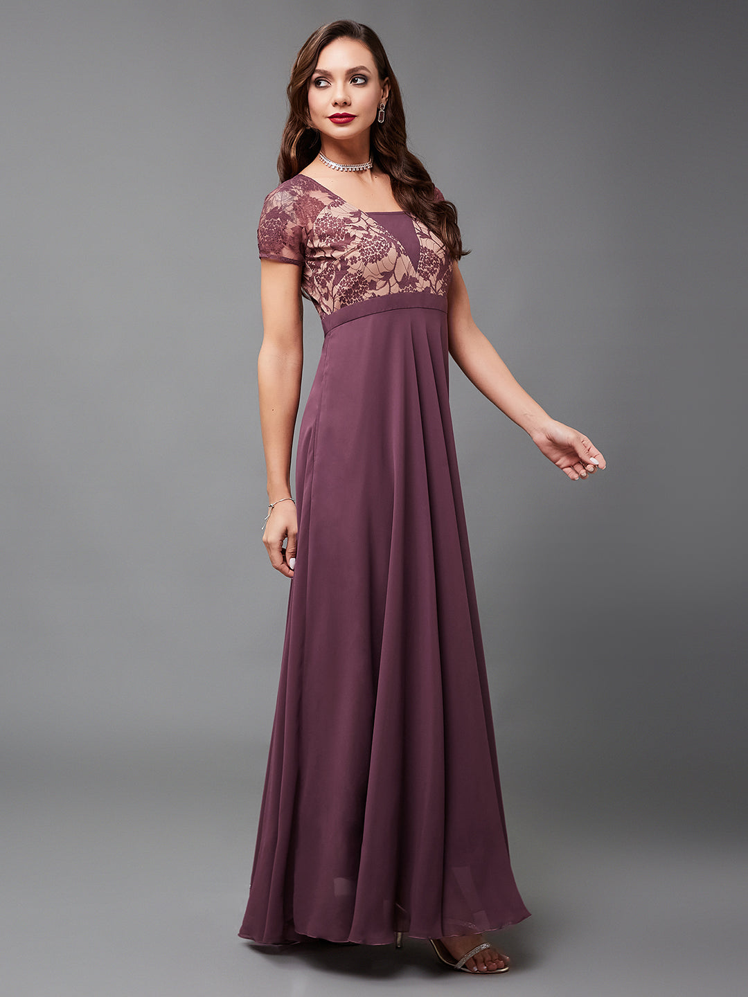 Women's Mauve Square-Neck Raglan-Sleeve Self-Designed Flared Georgette Maxi Dress