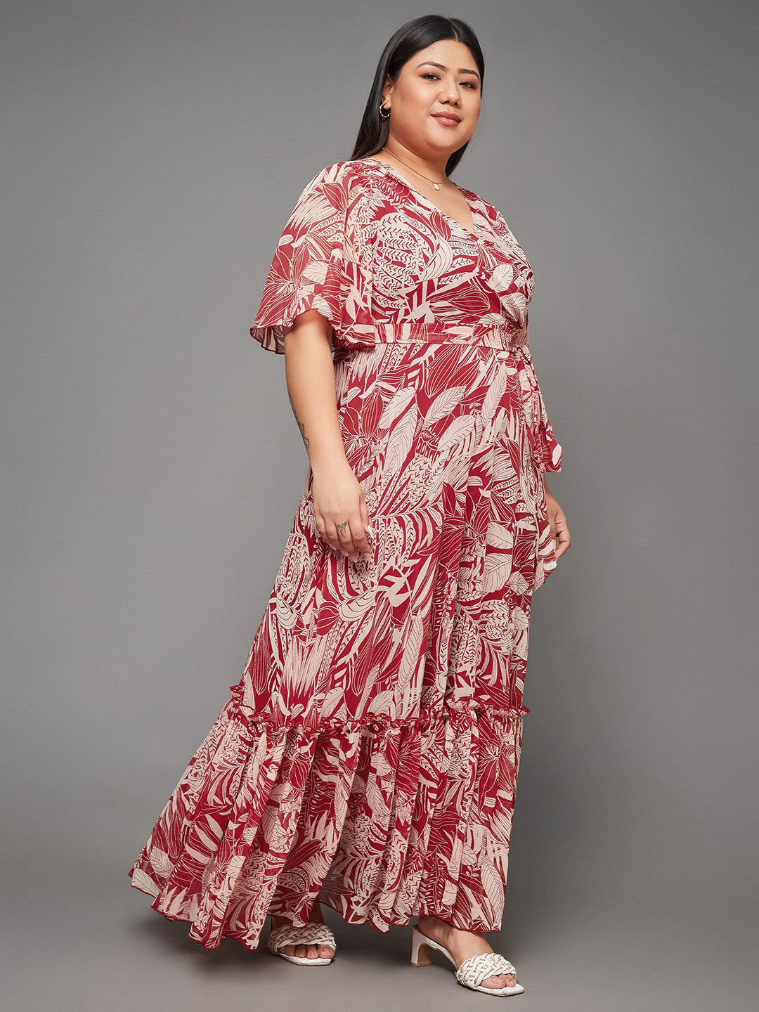 Maroon Floral Printed Flutter Sleeves Maxi Dress Long Dress Gown Frock for Women | The Summer Holiday Story
