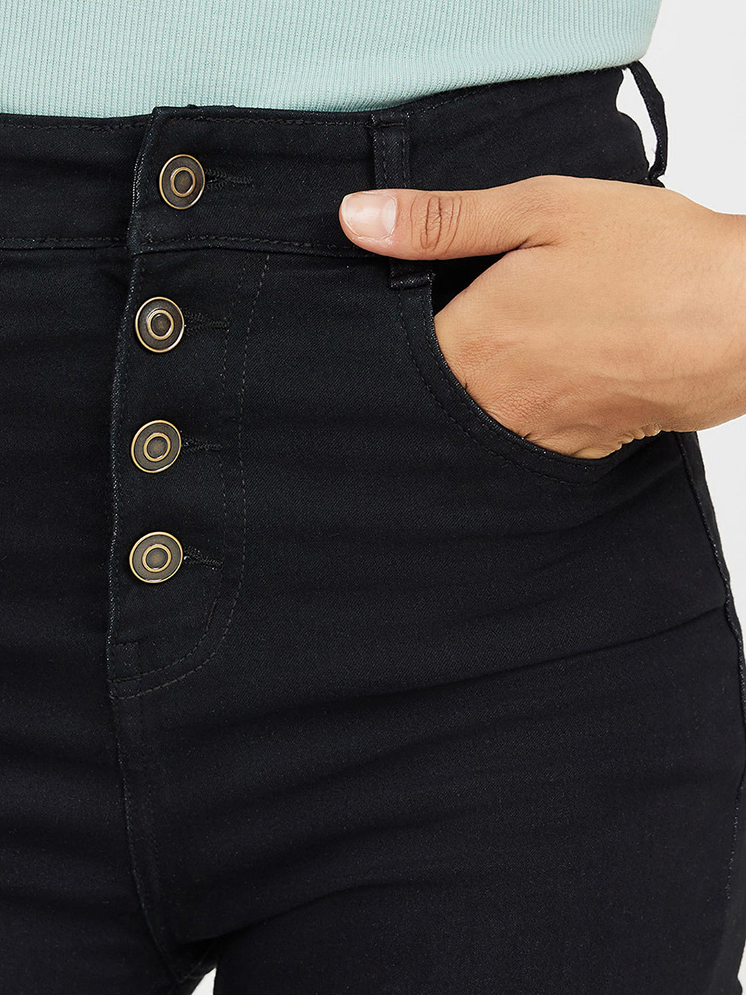 Women's Navy Blue Flared High Rise Regular Stretchable Denim Jumpsuit