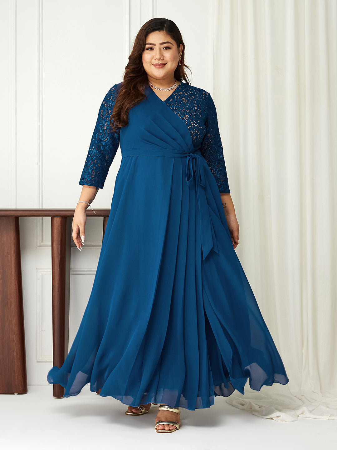 Royal Blue V-Neck 3/4 Sleeve Self-Designed Wrap-Styled Georgette Maxi Dress for Women