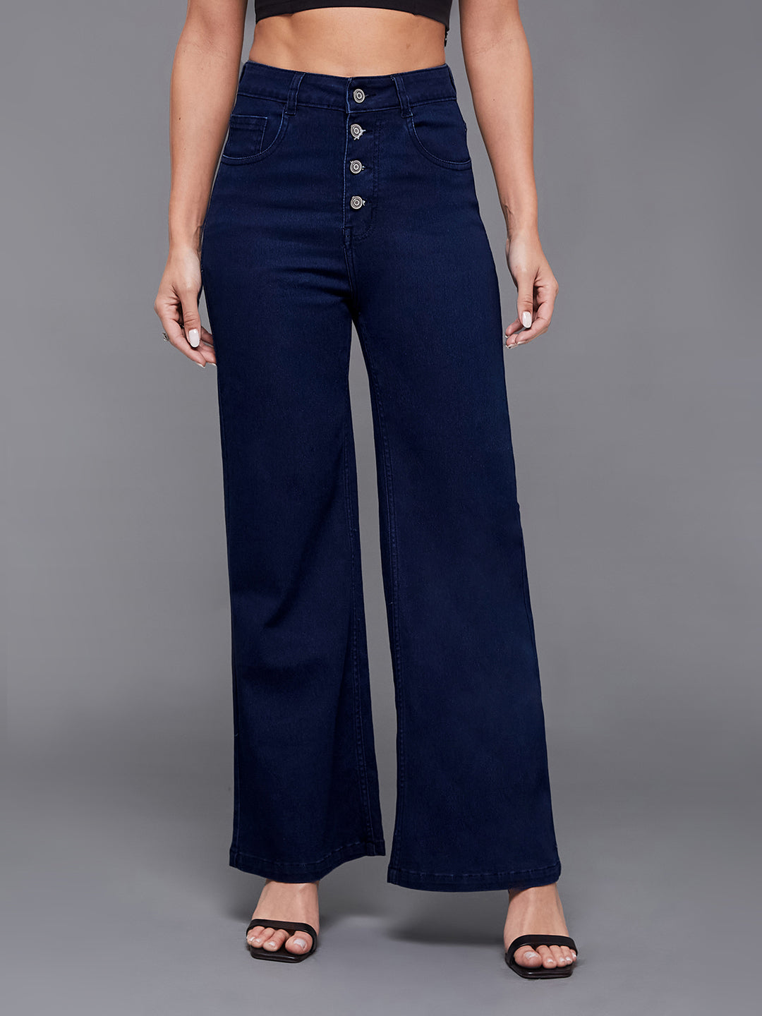 24/7 Comfort Navy-Blue Wide-Leg High-Rise Stretchable Denim Jeans