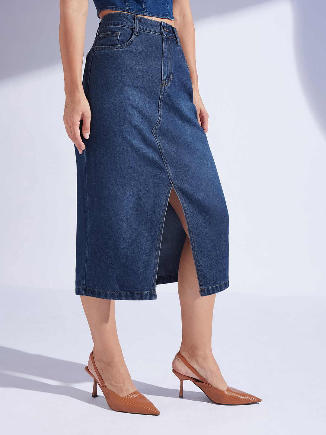 Women's Dark-Blue A-Line High-Rise Non-stretchable Denim Midi Skirt