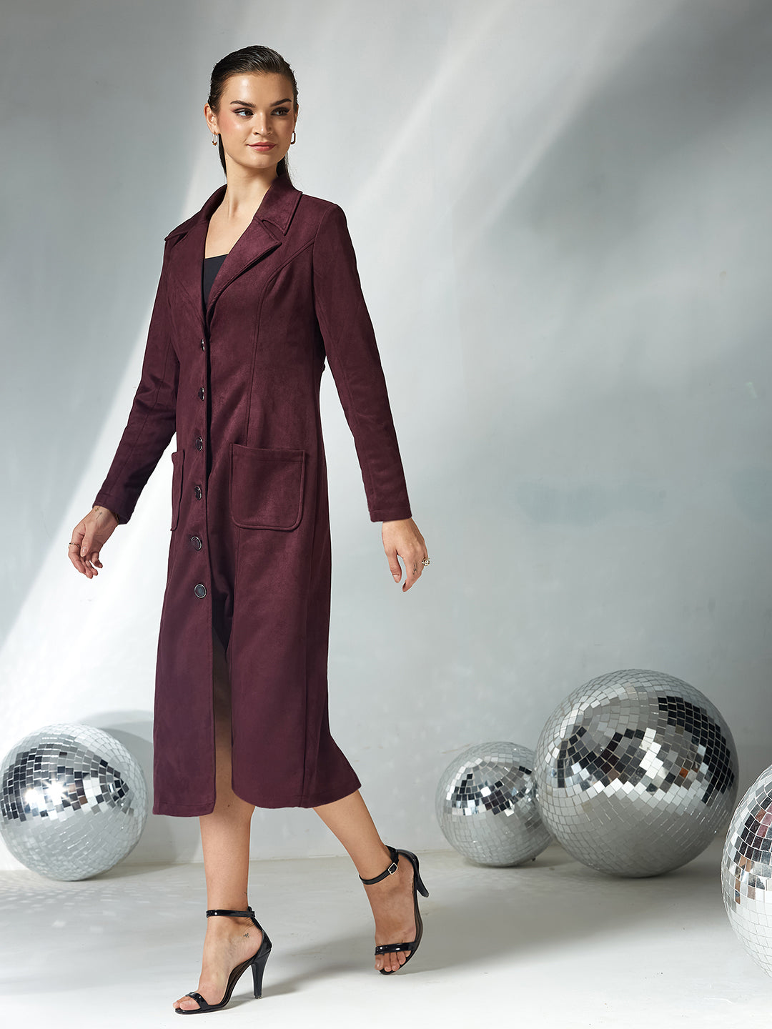 Women's Wine Solid V-Neck Full Sleeves Patched Pocketed Polyester Button Down Longline Winter Wear Jacket