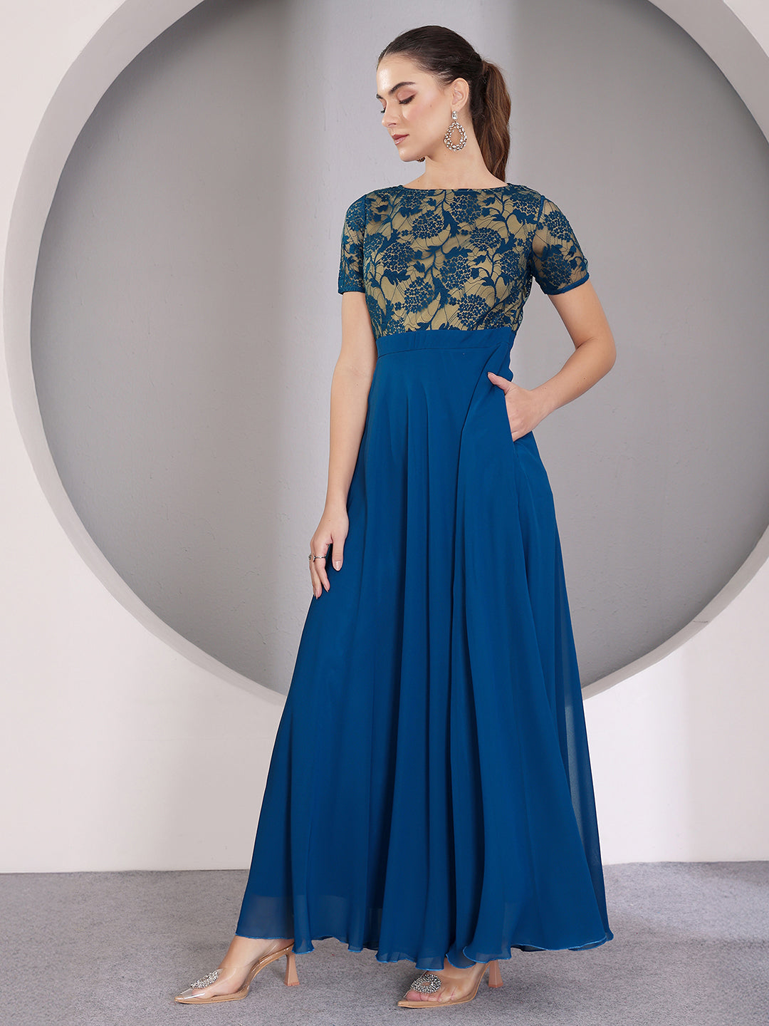 Royal Blue Round Neck Half Sleeve Self Design Fit & Flare Georgette Maxi Dress for Women — Miss Chase