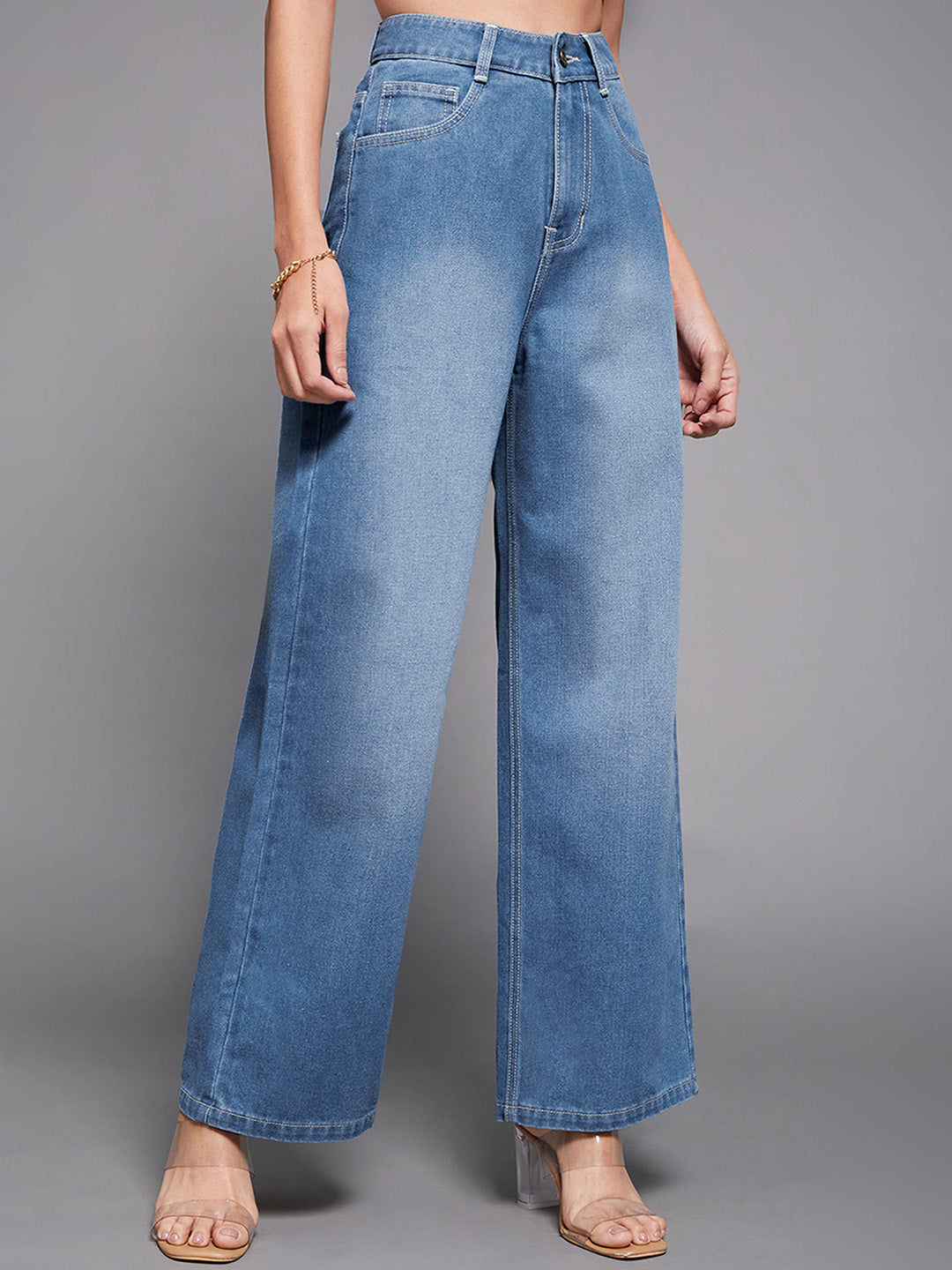 Women's Light Blue Wide-Leg High-Rise Non-stretchable Denim Jeans