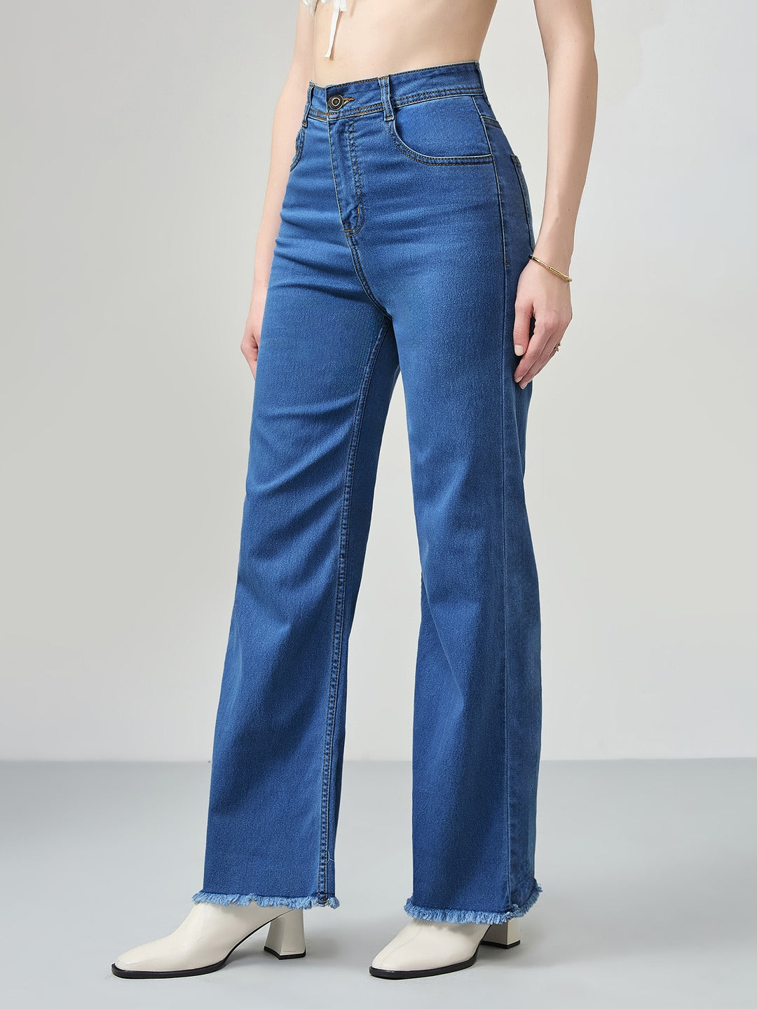 Mid Blue Wide-Leg High-Rise Stretchable Denim Jeans for Women