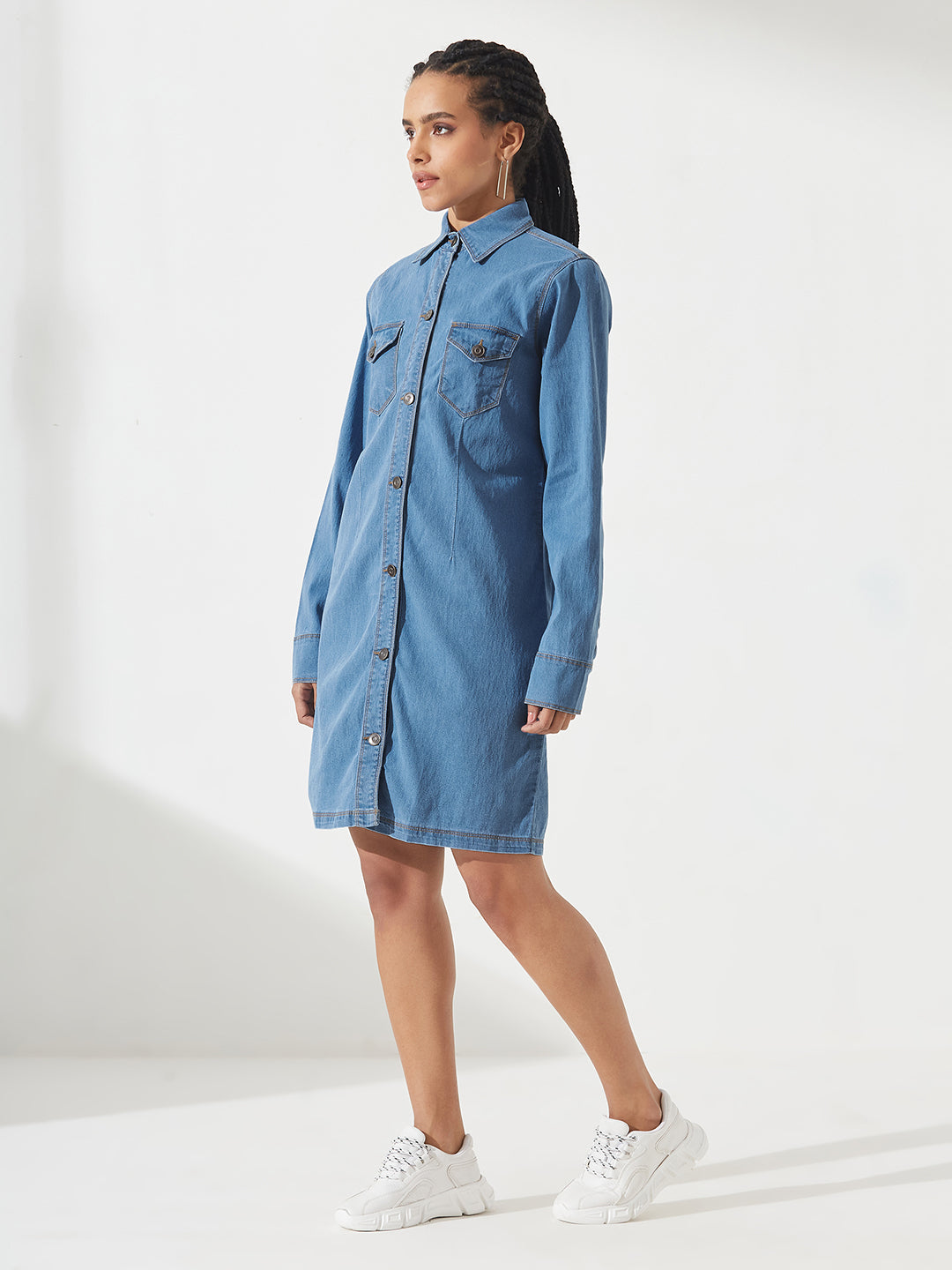 Blue Polo Neck Full Sleeves Denim Knee-Long Shrug for Women
