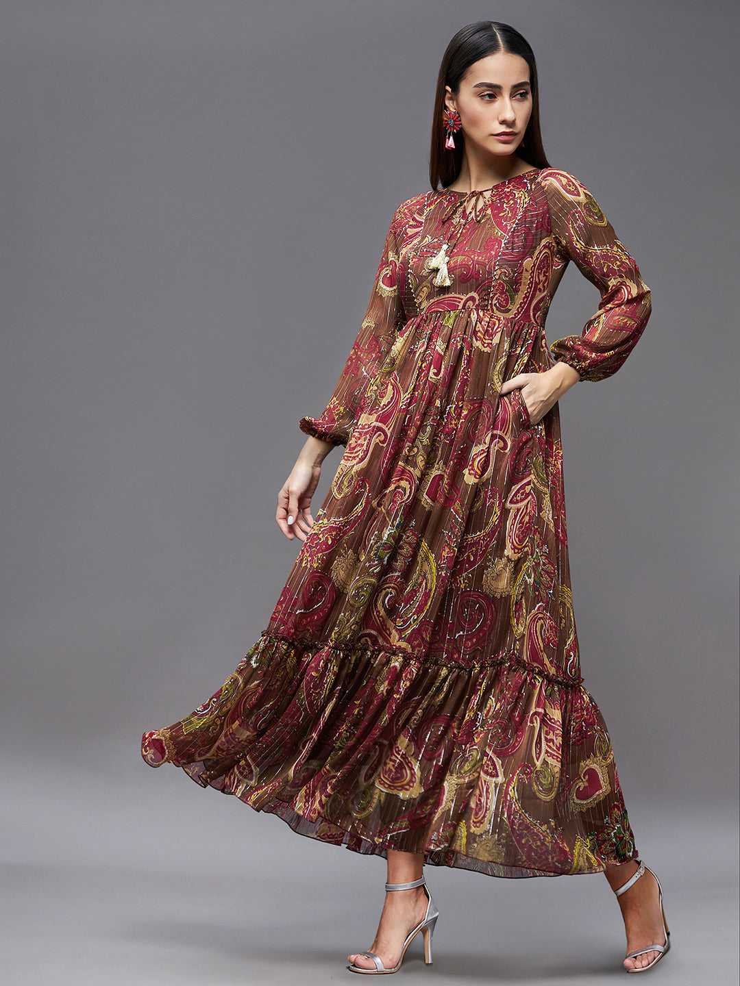 Brown Full Sleeves Printed Maxi Dress Long Dress Frock