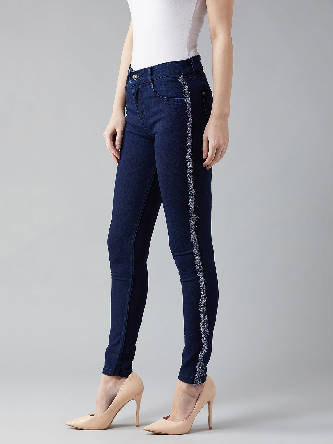 Women's Navy-Blue Skinny-Fit Mid-Rise Fringe And Lace Detailing Stretchable Denim Jeans