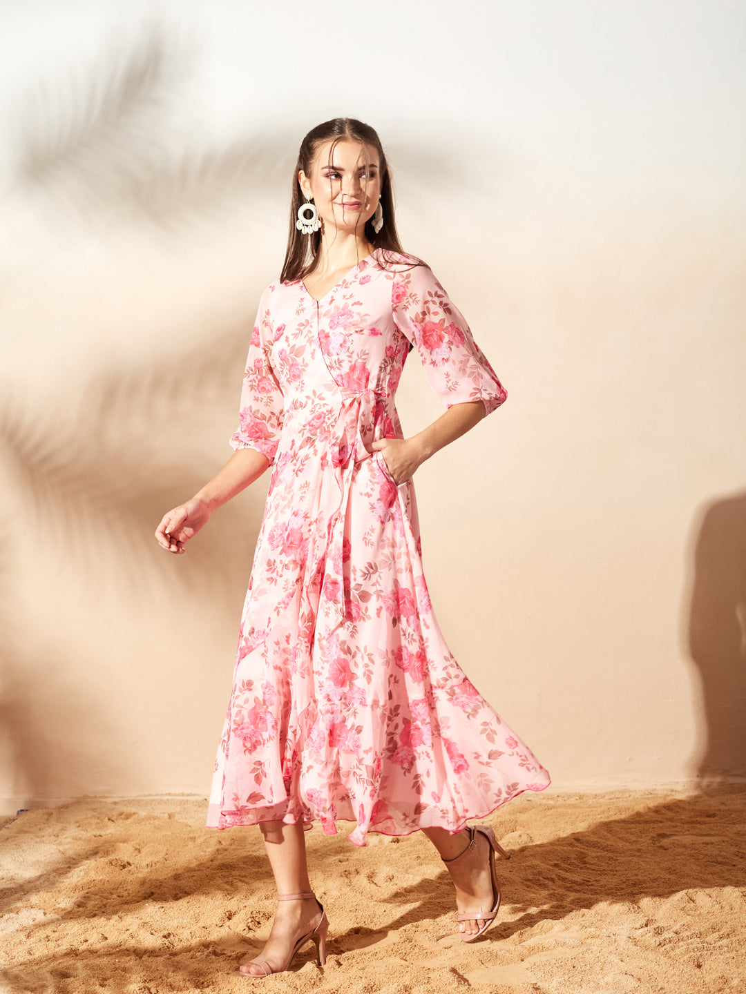 Pink Floral V-Neck 3/4 Sleeve Wrap Midi Chiffon Dress for Women — Miss Chase