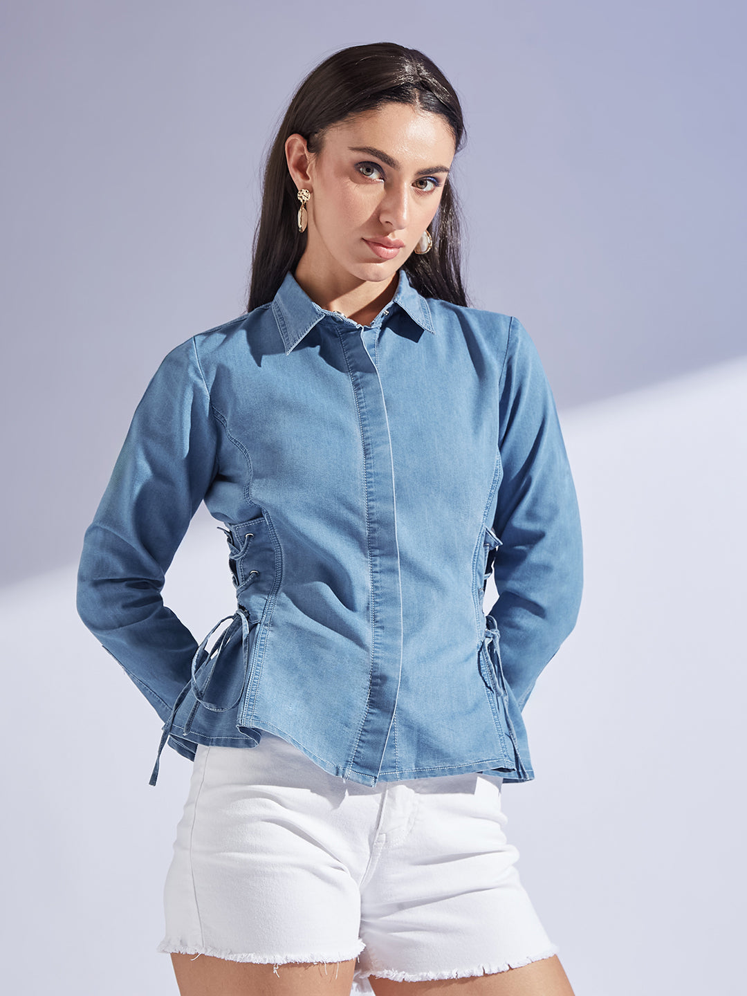 Women's Light Blue Shirt Collar Full Sleeve Adjustable Tie Up Regular-Length Denim Shirt