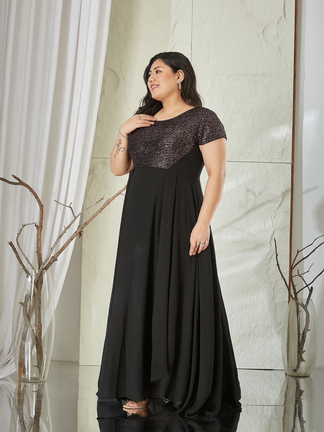 Black Round Neck Short Sleeve Embellished Fit & Flare Maxi Georgette Dress for Women