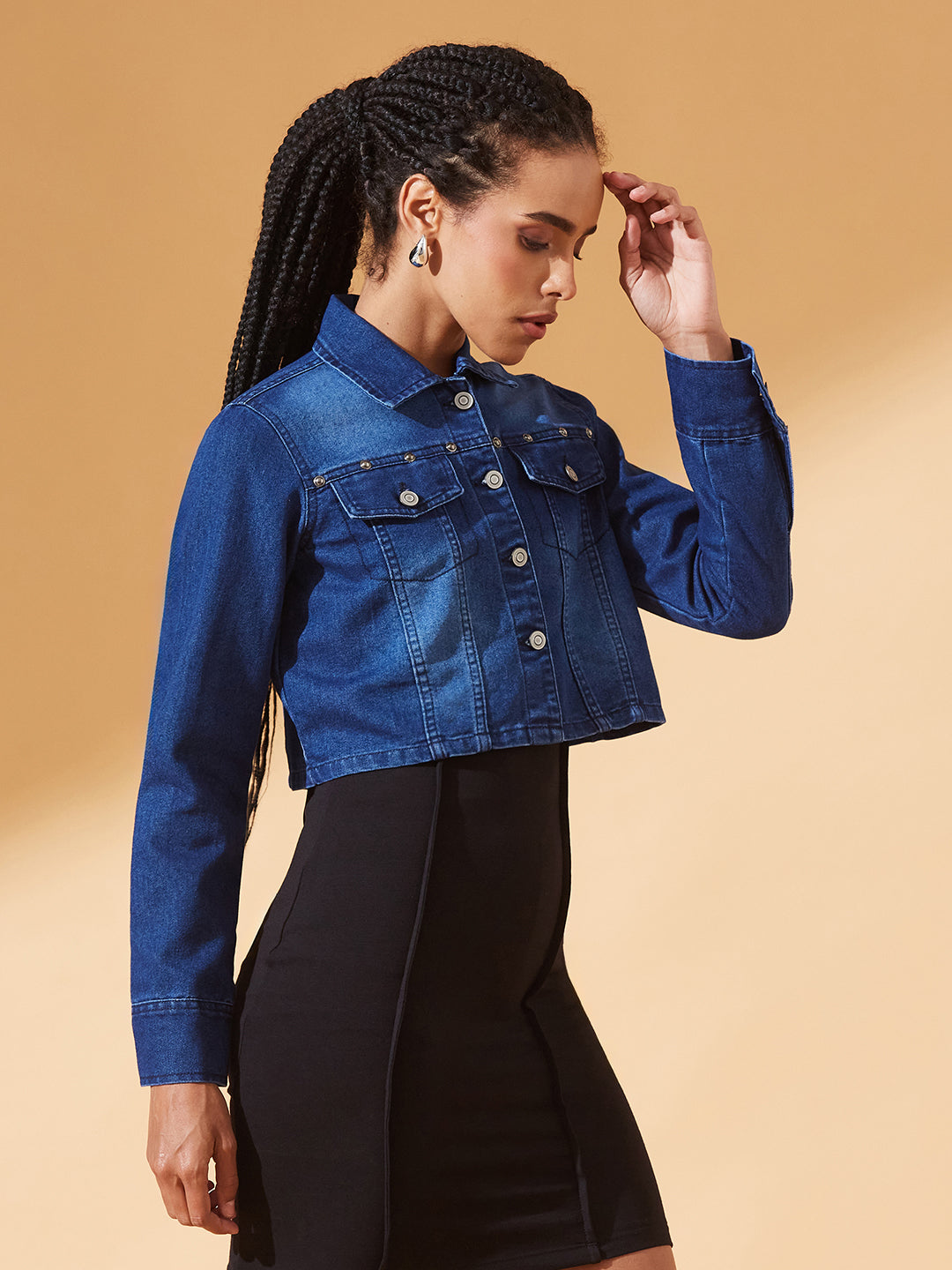 Navy-Blue Solid Polo Neck Full Sleeves Buttoned Denim Embellished Cropped Jacket for Women