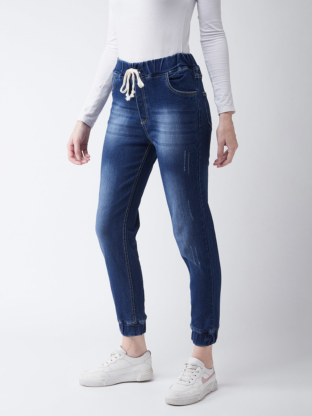 Women's Navy Blue Relaxed Fit Mid Rise Regular Length Scraped Denim Stretchable Jogger Pants
