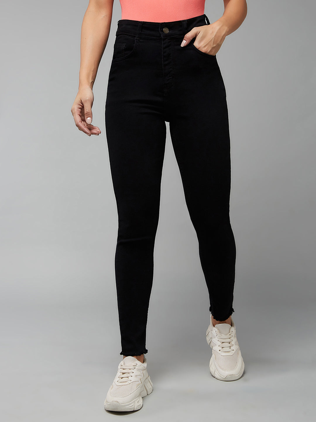 24/7 Comfort Black Skinny Fringed Detailing High-Rise Cropped Stretchable Denim Jeans