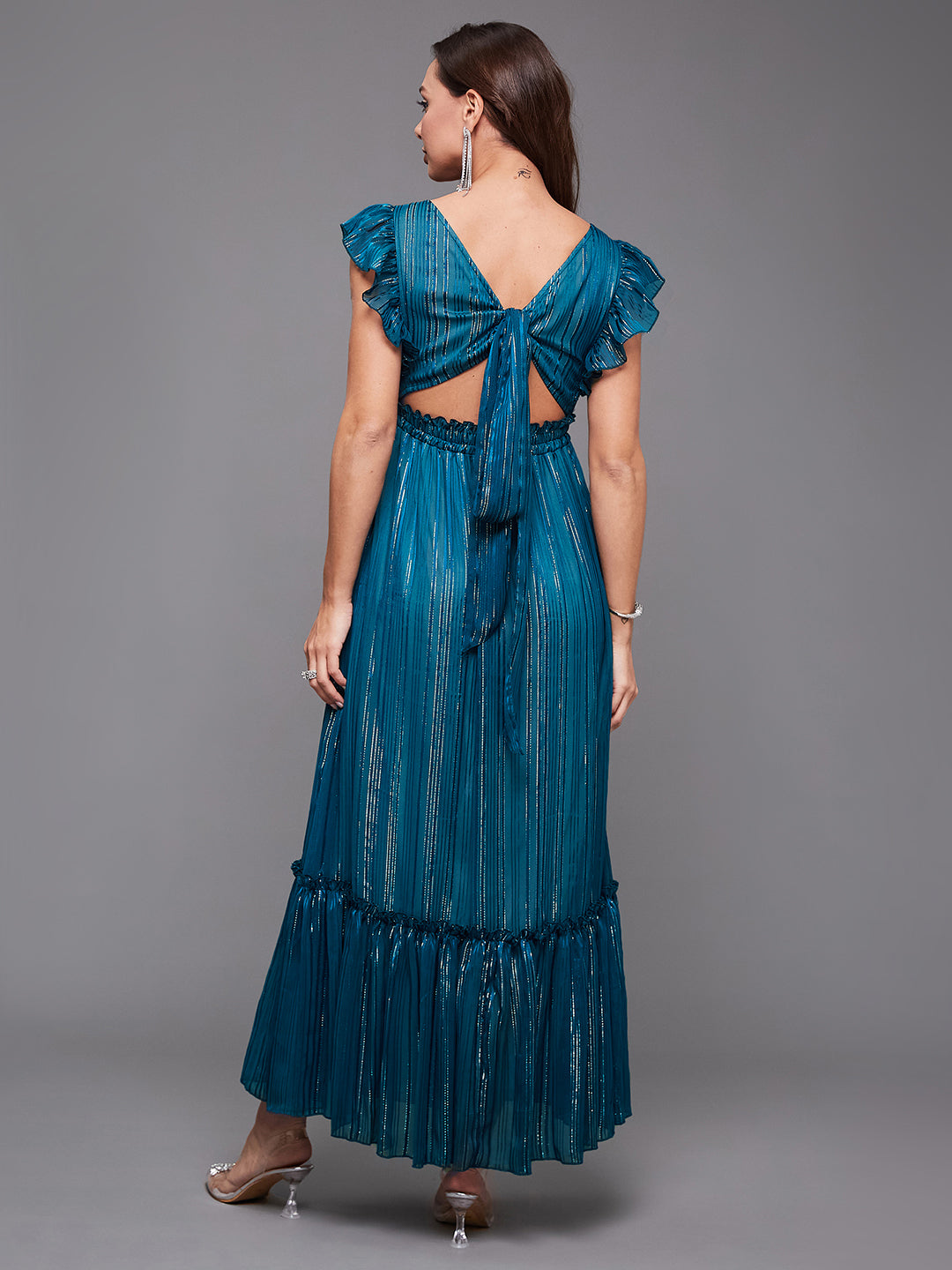 Teal Ruffled Sleeves Shimmery Maxi Dress Long Dress Frock
