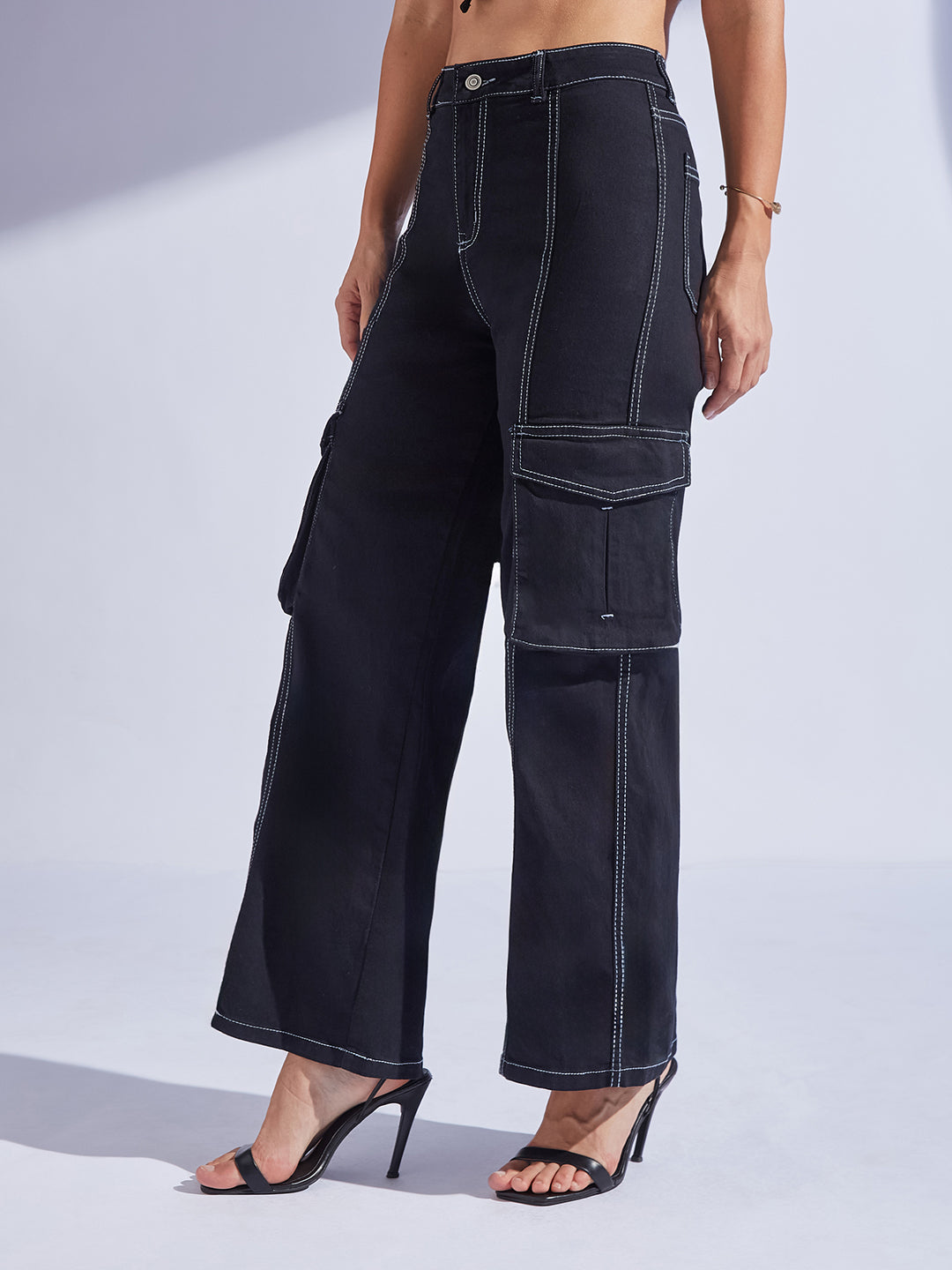 Women's Black Wide-Leg High-Rise Clean-Look Regular-Length Stretchable Patch-Pocketed Denim Jeans