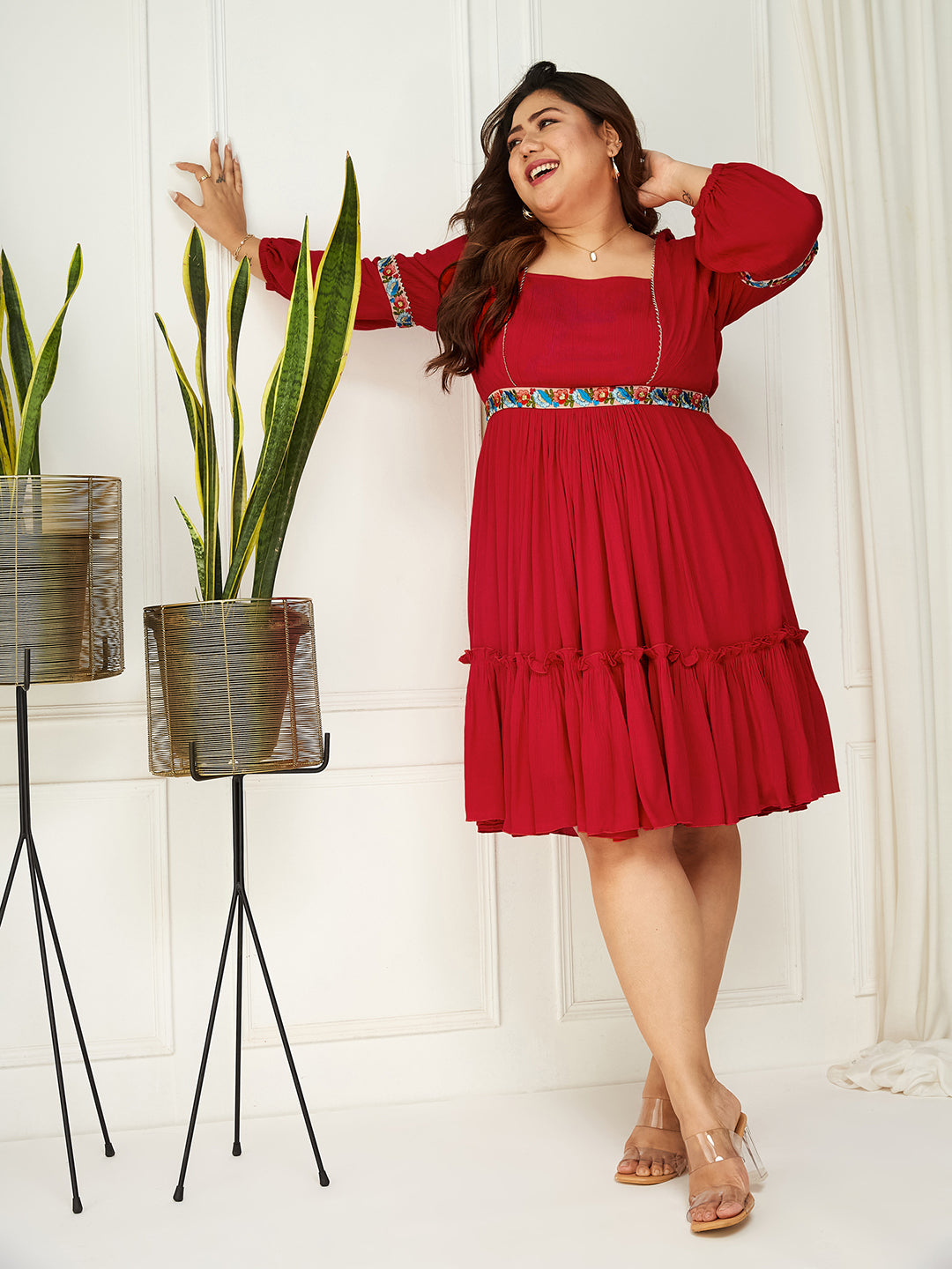 Body Bliss Red Viscose Rayon Solid Gathered Midi Dress for Women