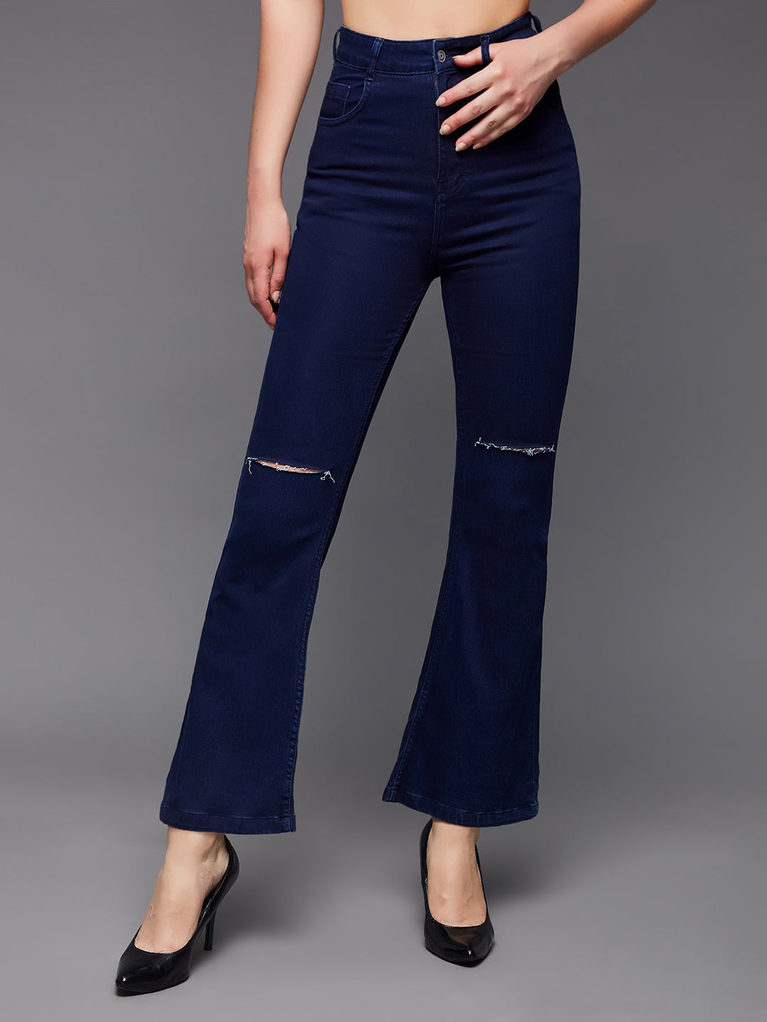 24/7 Comfort Navy-Blue Bell-Bottom Bootcut High-Rise Stretchable Denim Jeans for Women — Miss Chase