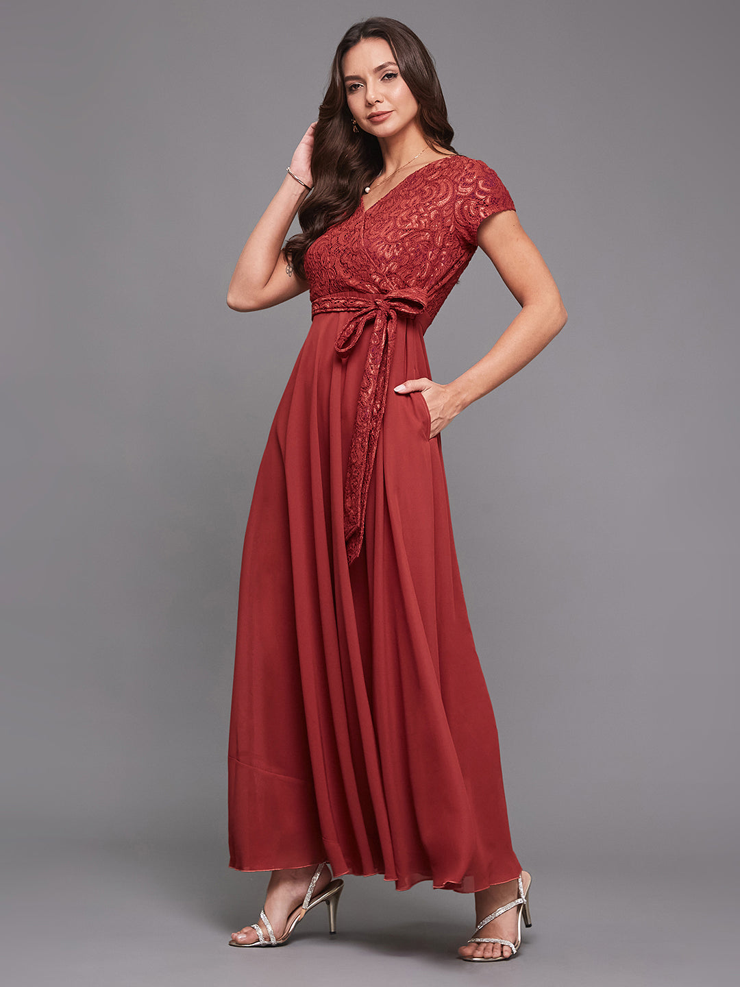 Brick Red Lace & Georgette dress — Miss Chase