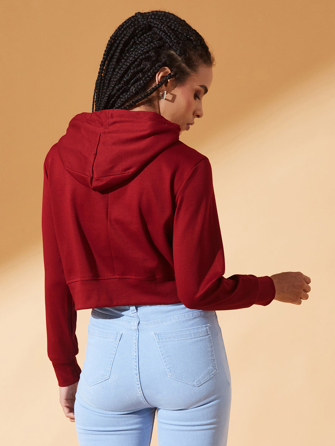 Maroon Solid Round Neck Full Sleeve Hooded Boxy Crop Sweatshirt for Women