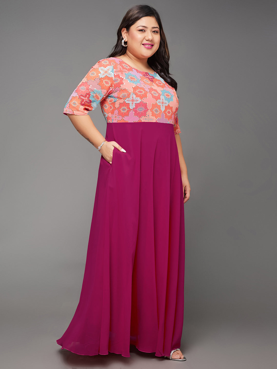 Body Bliss Multicolored-Base-Dark Pink Fit & Flare Georgette Maxi Dress