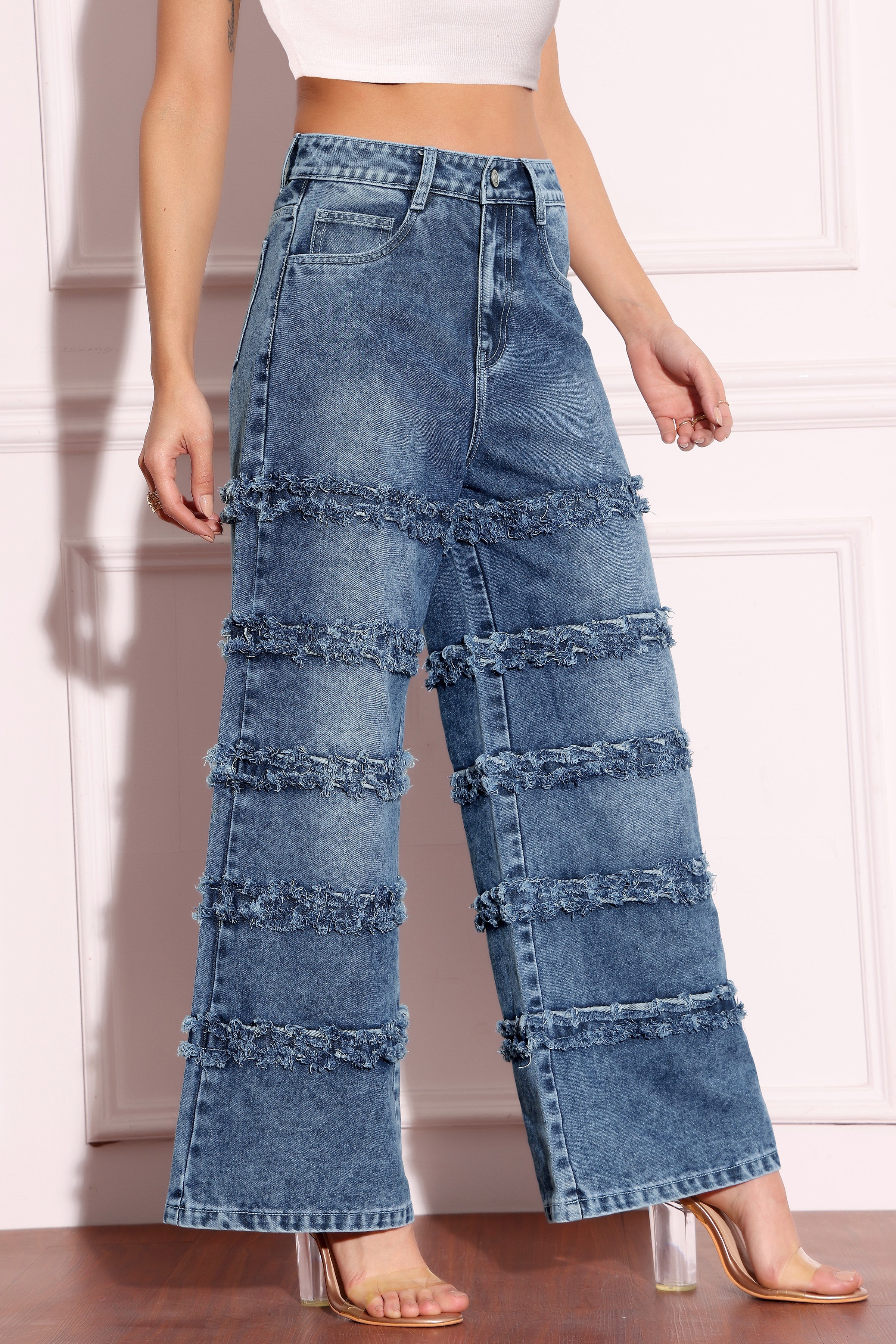 Women's Navy-Blue Wide-Leg High-Rise Highly-Distressed Regular-Length Denim Jeans