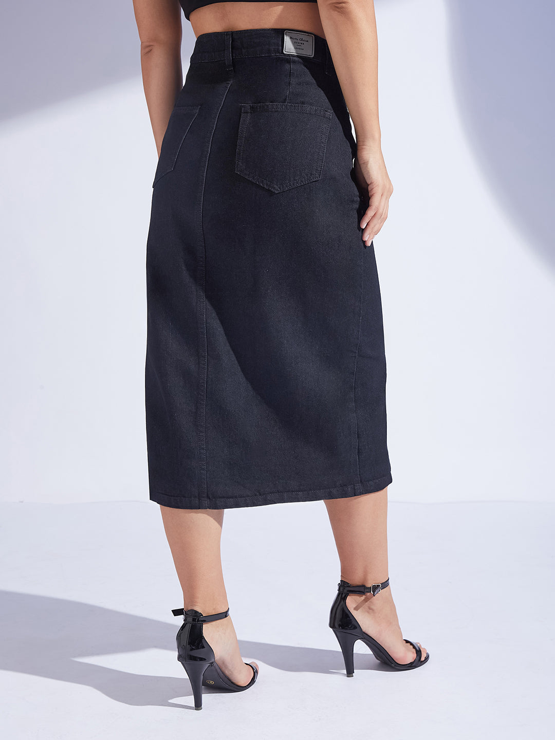 Women's Black Straight-Fit High-Rise Stretchable Denim Midi Skirt
