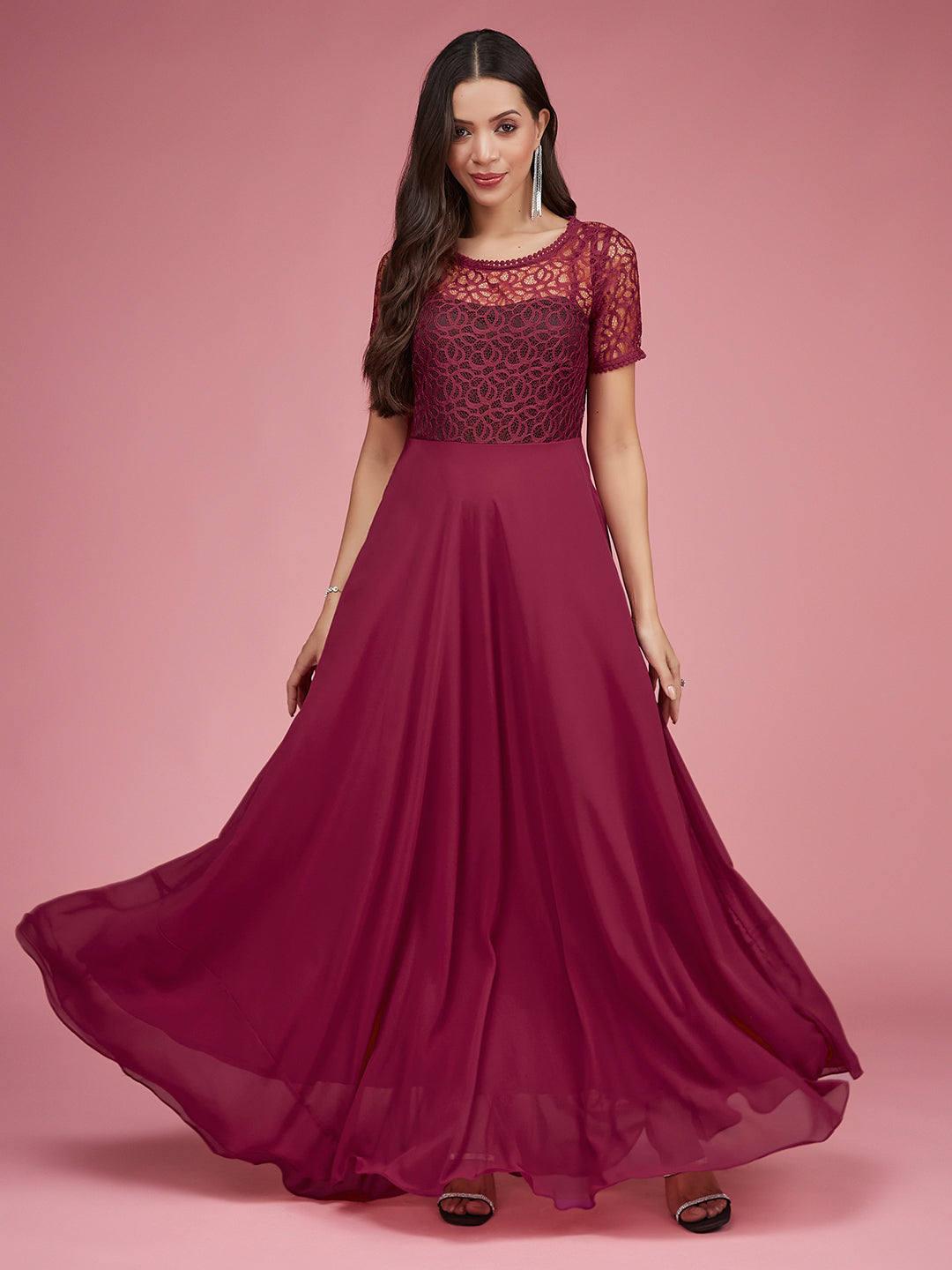 Dark Pink Short Sleeves Lace Fit and Flare Maxi Dress Long Dress Frock for Women