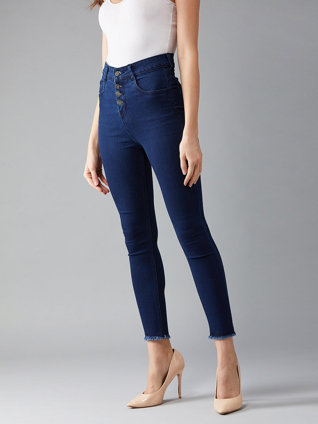 24/7 Comfort Navy-Blue Skinny High-Rise Fringed Hemline Cropped Stretchable Denim Jeans