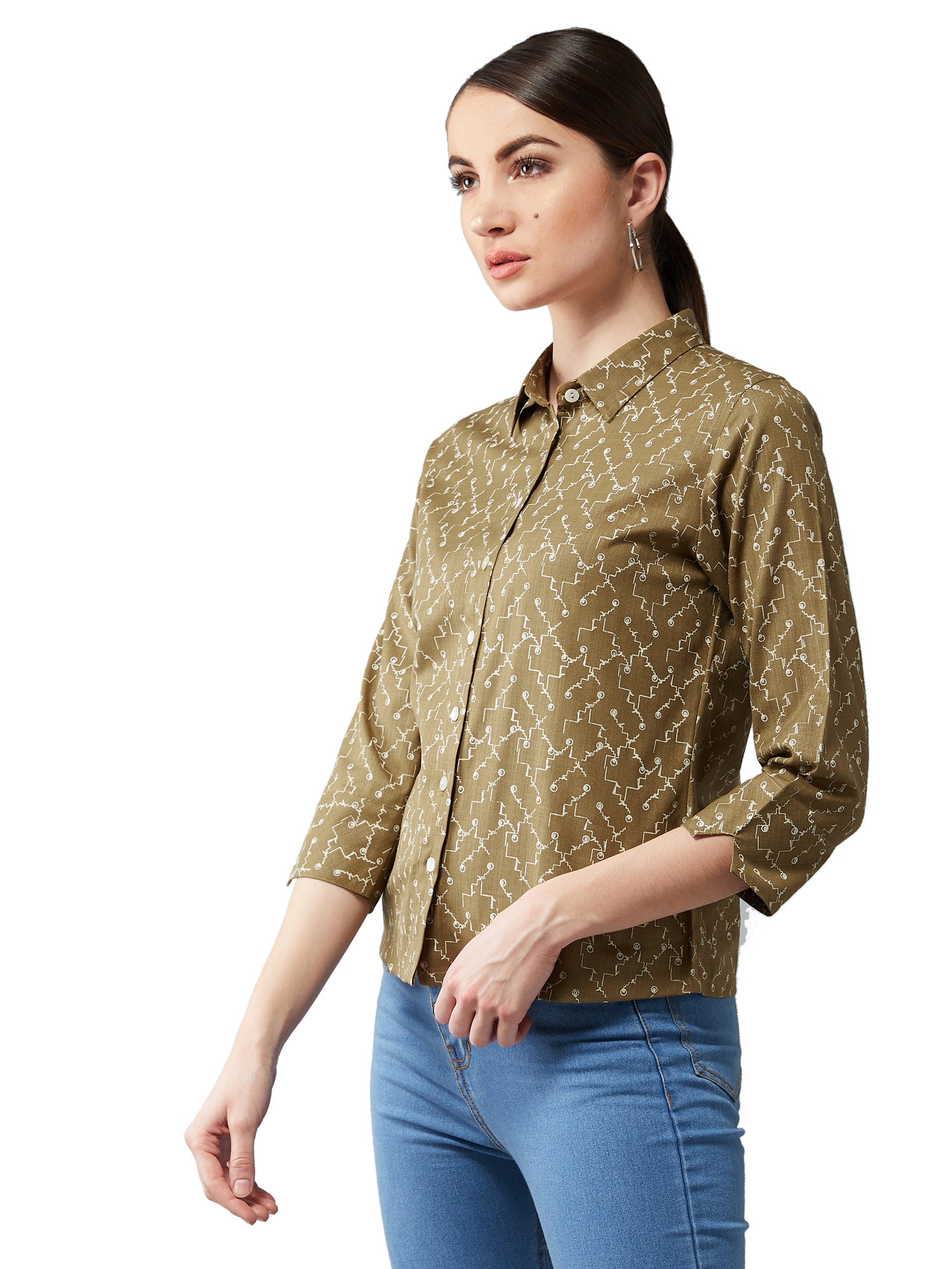 Women's Multicolored-Base Olive Green Collared 3/4 Sleeves Printed Basic Regular Length Shirt