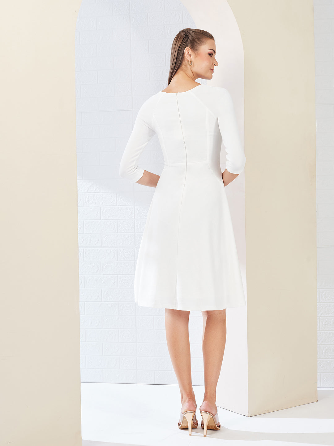 Off White Solid Square Neck Raglan Sleeves Side Pocketed Polyester Fit and Flare Knee-Length Dress for Women